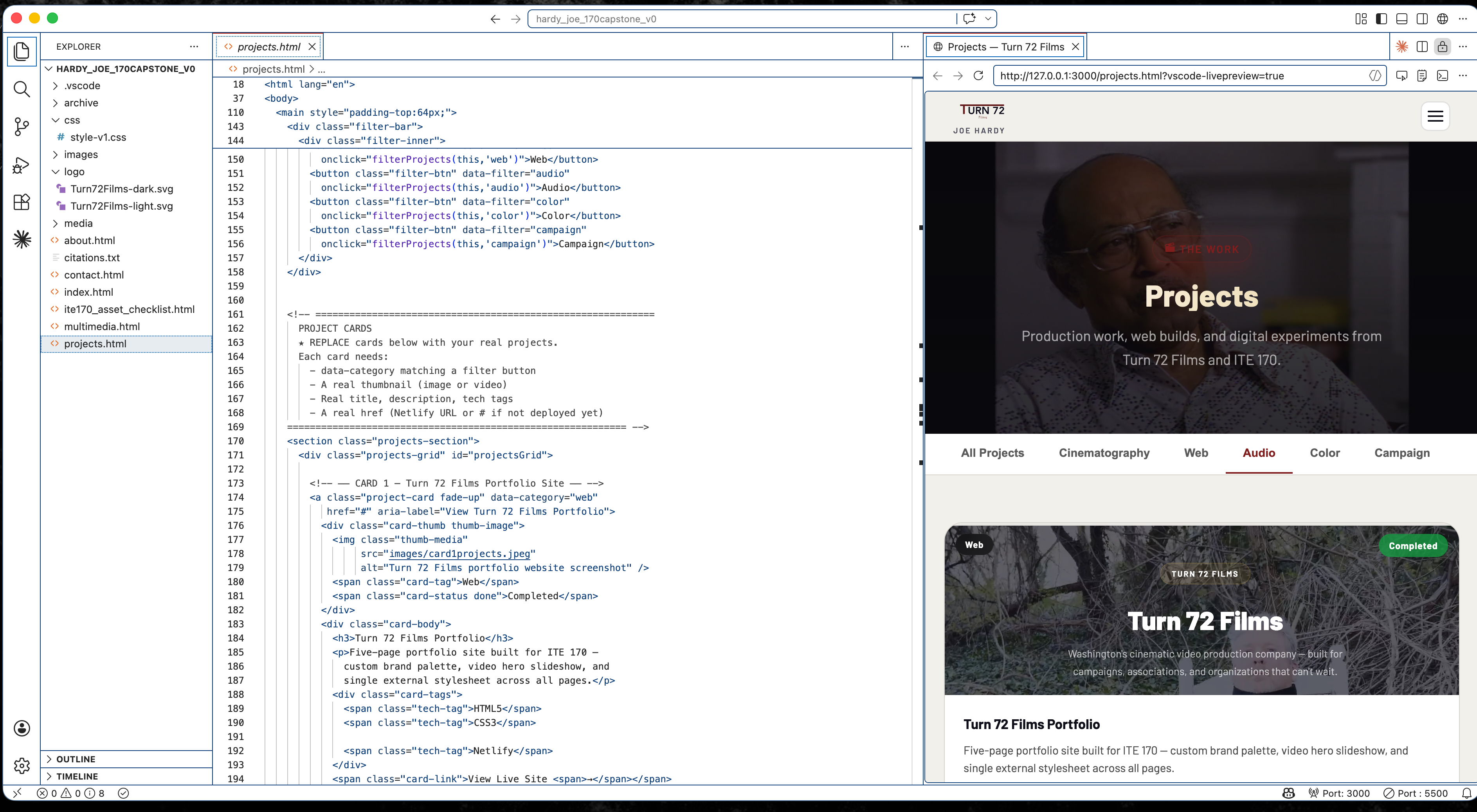 Turn 72 Films portfolio website screenshot
